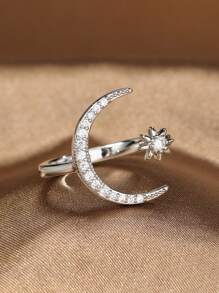 1 pieza Anillo con diseño chic de luna y sol, con diseño de media luna de rhinestone brillante, anillo abierto ajustable, engaste de moissanita brillante, accesorio exquisito para uso diario y fiestas, regalo imprescindible para las fiestas, regalo para mujeres