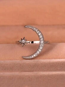 1 pieza Anillo con diseño chic de luna y sol, con diseño de media luna de rhinestone brillante, anillo abierto ajustable, engaste de moissanita brillante, accesorio exquisito para uso diario y fiestas, regalo imprescindible para las fiestas, regalo para mujeres