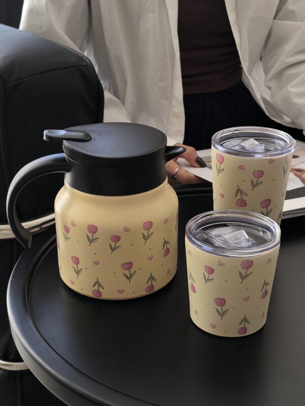 1 Stück 800ml Edelstahl doppelwandiger Kaffee- / Teekanne mit rosa Tulpen Muster, geeignet für Büro, Restaurant, Outdoor, Schule usw. Tolles Geschenk zu Weihnachten, Valentinstag, Muttertag, Schulanfang
