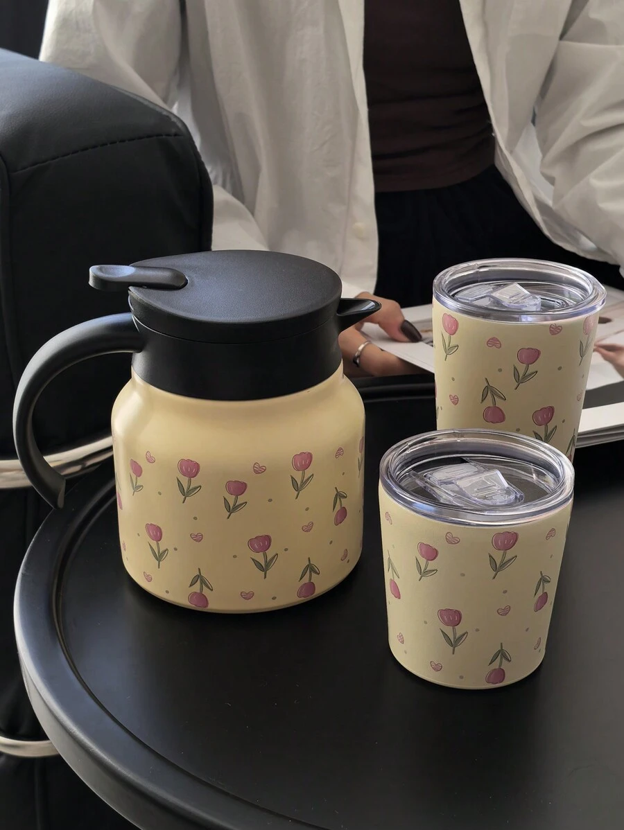 1 pezzo Teiera in acciaio inossidabile con doppia parete, da 800ml, con motivo a tulipani rosa, adatta per ufficio, ristorante, all'aperto, scuola ecc. Ottimo regalo per Natale, San Valentino, Festa della mamma, Ritorno a scuola
