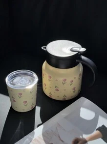 1 pezzo Teiera in acciaio inossidabile con doppia parete, da 800ml, con motivo a tulipani rosa, adatta per ufficio, ristorante, all'aperto, scuola ecc. Ottimo regalo per Natale, San Valentino, Festa della mamma, Ritorno a scuola
