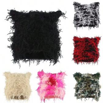 1pc Men Street Style Warm Plush Tie-Dye Cat Ear Knit Beanie Hat, Unisex Thermal Ski Cap, Autumn/Winter Fall Outfit