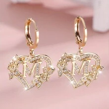 1 对心形首字母方晶锆石环形耳环，适合女士少女，精美心形雕刻 26 个字母 A-Z 和个性化名字花朵耳环，适合日常情人节珠宝生日礼物、妈妈、母亲、母亲节、礼物 - 花心形字母 - 查看 12