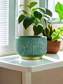 INS Nordic Vertical Striped Ceramic Planter, Lightweight Luxury Minimalist, Green Plant Flower Pot, Large Diameter, Succulent, Philodendron, Rose Decor Flower Pot, Blue & Green