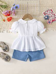 2 件装女婴荷叶边领泡泡袖上衣和花卉边短裤套装，适合春夏户外