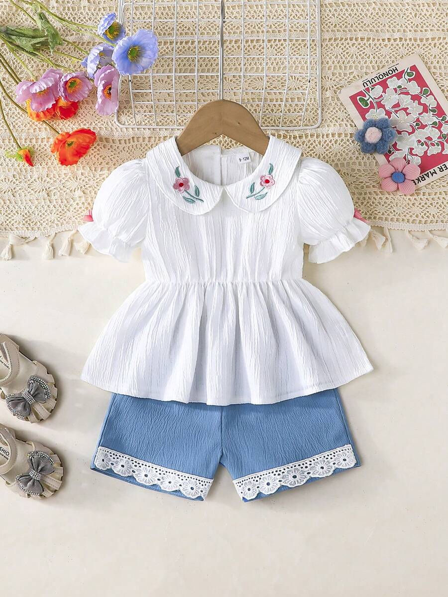 2 件装女婴荷叶边领泡泡袖上衣和花卉边短裤套装，适合春夏户外