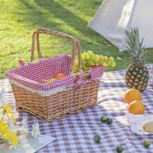 方形藤条野餐篮，椭圆形藤条野餐篮，水果篮，手工编织藤条手提篮，用于野餐、购物、储存、礼品、水果和蔬菜等，方便储存，简单便携，适合度假 - 方形 - 查看 11