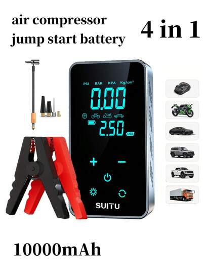 150 PSI Portable Car Tire Inflator With Air Compressor, 3000A Peak Portable Car Jump Starter, 12V Car Battery Booster With LED Light
