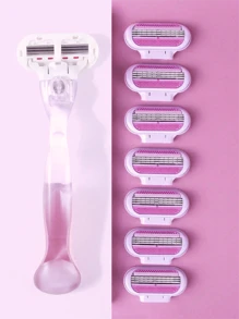 1 Handle+8 Blades/ Women Bikini Manual Razor Blade Hair Removal Shaving 3-Layer Stainless Steel Blade Replaceable Pink Shaver Head,Hair Products And Accessories For Barber Salon Beauty Travel Essentials