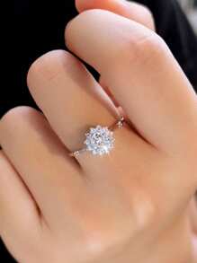 1pc 5A Grade Cubic Zirconia Sparkling Eternity Flower Shape Solid 925 Sterling Silver Wedding, Party & Engagement Ring For Women, Fine Bridal Jewelry Gift Valentines - White - View 10