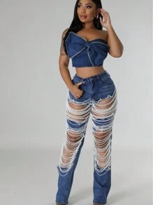 Slayr Women's Jeans Sexy Skinny Stretch Ripped Jeans Pearl Decoration Jeans Blue Jeans K2Y Jeans Women Jeans Pants Fall Pants Homecoming Hiking Outfit Petite Women Pants - Màu xanh hải quân - Xem 4