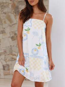 Women Boho Graffiti Cami Mini Dress Spaghetti Strap Printed A Line Short Dress Cute Colorful Sundress - trắng - Xem 2