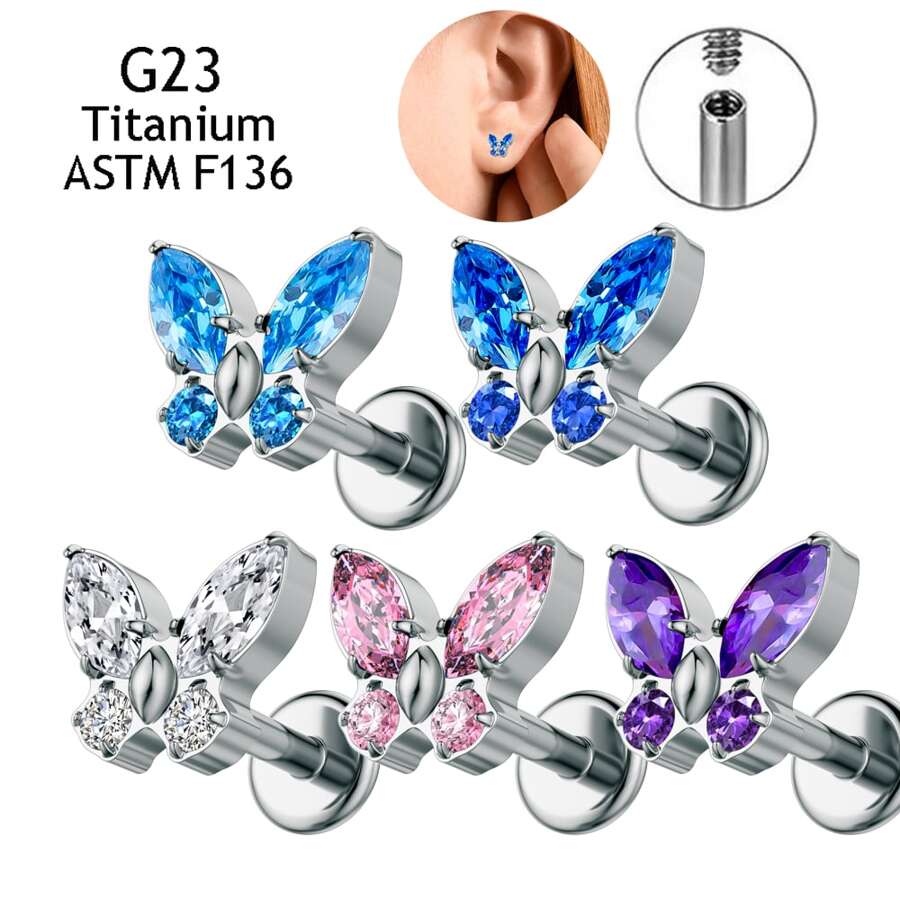 Fashion G23 Titanium Jewelry 5A Zirconia Ear Stud Butterfly CZ Stones Lip Nose Piercing Earrings Ear Cartilage Tragus Rings For Women Daily