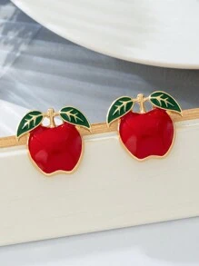 1 Pair Elegant European & American Style Exaggerated Alloy Drip Glaze Apple + Red Cherry Cute, Romantic, Luxurious Ladies Apple Earrings, Suitable For Ladies Travel, Holiday, Everyday Wear, Versatile Apple + Red Cherry Lady Earrings - Multicolor - View 6