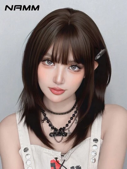 NAMM 20英寸狼尾发型中长假发，带刘海，高密度全手工编织耐热合成纤维假发，适合日常佩戴，Y2K风格和街头时尚配饰