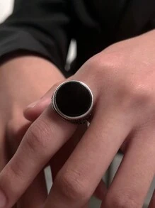 1 件复古夸张玻璃水钻戒指，男士时尚圆形，适合日常佩戴 - 復古銀色 - 查看 9
