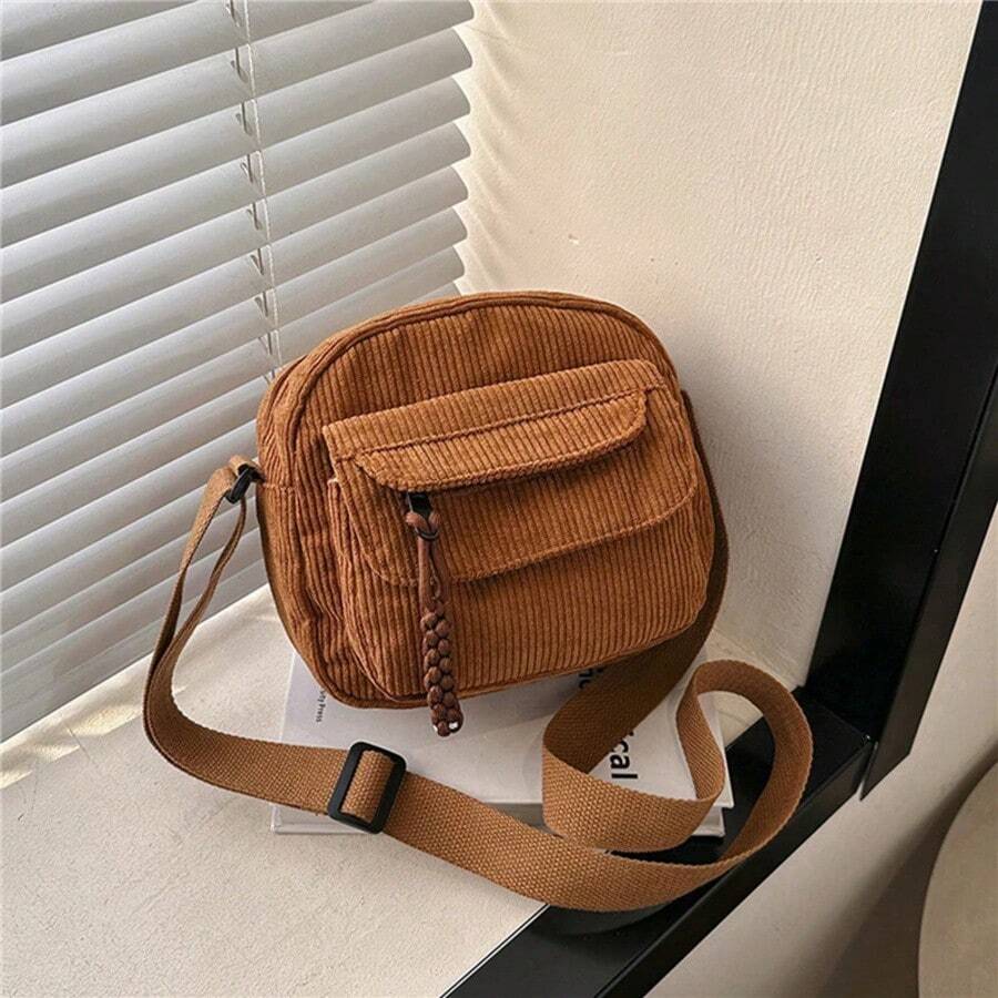 Bolso de hombro pequeño de pana para mujer, bolso cruzado para adolescente, bolsa linda, bolso de mano para estudiantes, estilo callejero coreano, bolsos de mensajero Harajuku - Marrón - Ver 1