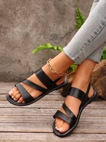 European&American Style Summer Casual Comfy Women Flat Sandals, Round Toe Low Heel Beach Shoes - Black - View 3