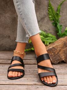 European&American Style Summer Casual Comfy Women Flat Sandals, Round Toe Low Heel Beach Shoes - Black - View 5