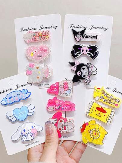 Sanrio 3 قطع/مجموعة من مشابك شعر كرتونية كاواييي من سانريو للبنات، اكسسوارات شعر كرتونية وردية جميلة لاستخدام يومي، هدايا للمراهقات في عيد الحب، مشابك شعر وكماشات شعر، أدوات مدرسية