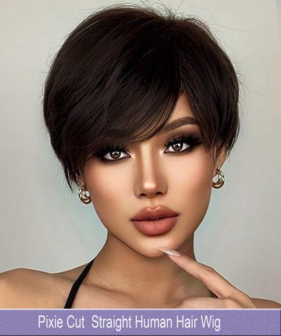 Short Pixie Cut With Fake Scalp Top Human Hair Wigs Short Straight Dark Brown #4/#2 Full Machine Made Human Hair Natural Black Wigs With Bangs For Women Daily Use - Natural Black - 查看 1