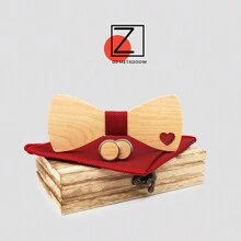 Handcrafted Maple Wooden Bowknot Gift Set - Includes Cufflinks Pocket Square & Gift Box, Perfect For Christmas Gifts, Halloween Decorations, New Year Presents, Weddings, And Party Accessories For Men