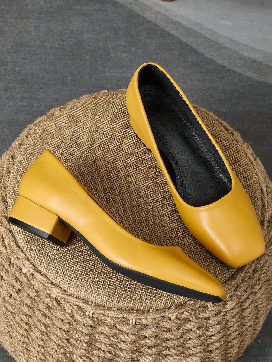 Dames vierkante neus lage hak 3cm pumps, gele kleur, geschikt voor werk, woon-werkverkeer, dineren, feesten, vintage, modieuze en veelzijdige casual instappers - Geel - Bekijken 1
