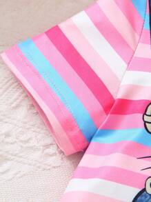 2 件套年轻女孩休闲可爱卡通猫条纹印花短袖圆领二合一连衣裙，夏季 - 玫紅色 - 查看 4