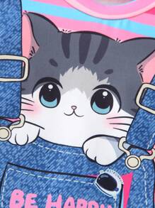 2 件套年轻女孩休闲可爱卡通猫条纹印花短袖圆领二合一连衣裙，夏季 - 玫紅色 - 查看 3