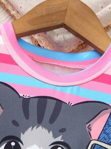 2 件套年轻女孩休闲可爱卡通猫条纹印花短袖圆领二合一连衣裙，夏季 - 玫紅色 - 查看 2