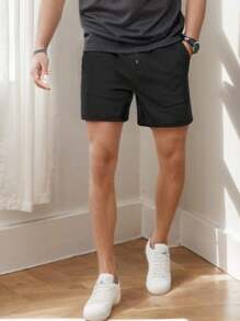 hoteel Mens Beach Linen Shorts 5 Inch Inseam Classic-Fit Drawstring Elastic Waist Pleat Front Shorts With Pocket Outdoor Sport - Black - View 6