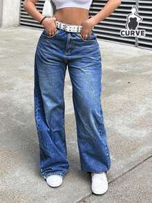 Plus Size Casual Fashion Washed Loose Wide-Leg Jeans - Dark Wash - View 3