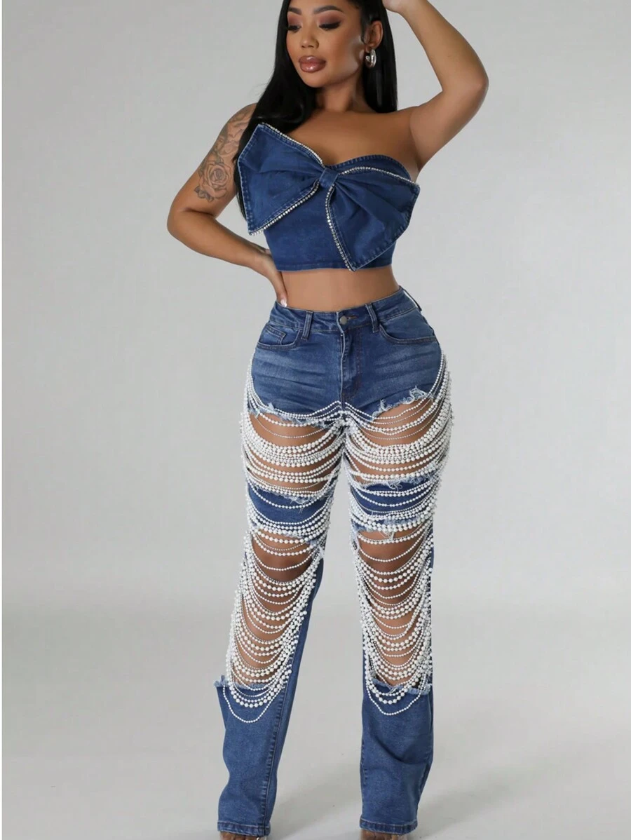 Slayr Women's Jeans Sexy Skinny Stretch Ripped Jeans Pearl Decoration Jeans Blue Jeans K2Y Jeans Women Jeans Pants Fall Pants Homecoming Hiking Outfit Petite Women Pants - Navy Blue - View 1