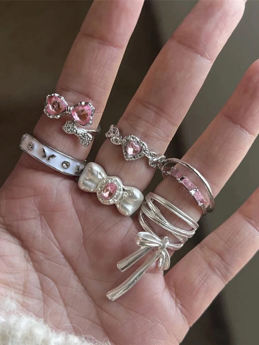 Bộ 6 chiếc nhẫn đá Zirconia hình trái tim nơ màu hồng thời trang, nhẫn Zirconia sáng bóng kiểu Y2K dành cho nữ và bé gái, trang sức dự tiệc sành điệu - Bạc - Xem 1
