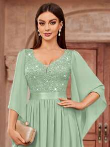 MIUSOL Đầm maxi dự tiệc trang trọng cổ chữ V sâu, đính sequin, phối ren hoa, chất liệu chiffon, thanh lịch dành cho nữ, thích hợp cho mùa xuân. - Màu xanh Bạc hà - Xem 8