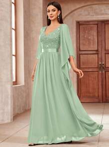 MIUSOL Đầm maxi dự tiệc trang trọng cổ chữ V sâu, đính sequin, phối ren hoa, chất liệu chiffon, thanh lịch dành cho nữ, thích hợp cho mùa xuân. - Màu xanh Bạc hà - Xem 7