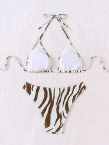 Bikini da donna a 2 pezzi, sexy stile triangolo con spalline annodate, fantasia a righe alla moda, costume da bagno per vacanze al mare estive