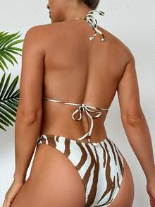 Bikini da donna a 2 pezzi, sexy stile triangolo con spalline annodate, fantasia a righe alla moda, costume da bagno per vacanze al mare estive