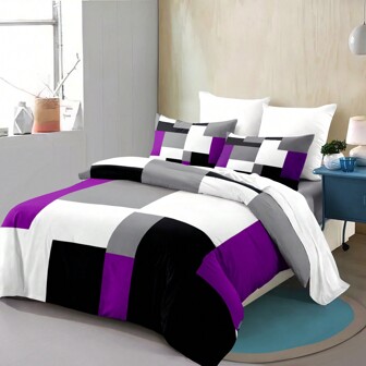 3 件紫色黑色和灰色格子图案羽绒被套套装（1 * 羽绒被套 + 2 * 枕套，不含芯），时尚图案床上用品房间装饰，柔软舒适的床上用品套装