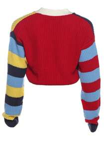 Spring Summer Loose Plus Size Street Colourblock Women Seweaters V-Neck Striped Long Sleeve Letter W Button Women Cardligans Y2k For Women - Multicolor - View 2