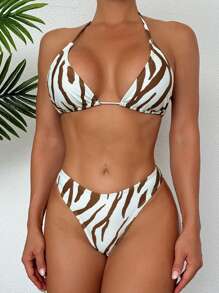 Bikini da donna a 2 pezzi, sexy stile triangolo con spalline annodate, fantasia a righe alla moda, costume da bagno per vacanze al mare estive