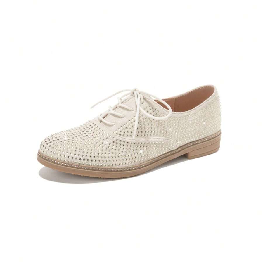 Women's Front Tie Rhinestone Decor Casual Shoes - Beige - View 1