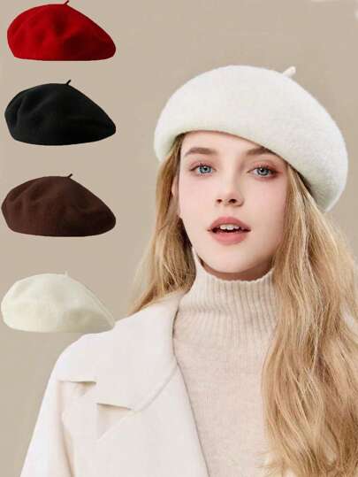 1pc Women's Classic Faux Wool Beret Hat, Fashionable Casual Retro Artist Cap, Autumn/Winter