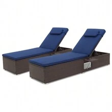 Homasis 2PCS Chaise Lounge W/ 6-Level Backrest Comfy Seat Cushion & Headrest Patio - Brown and Navy - View 1