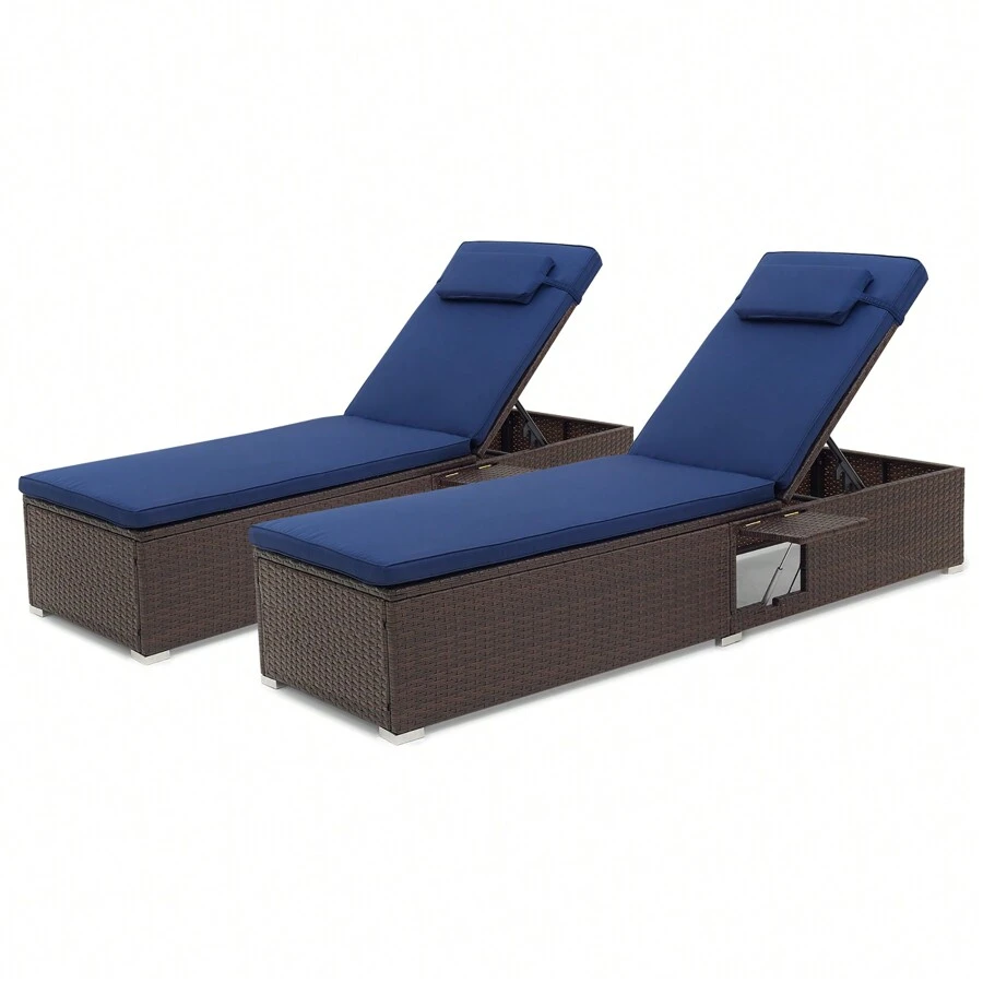 Homasis 2PCS Chaise Lounge W/ 6-Level Backrest Comfy Seat Cushion & Headrest Patio - Brown and Navy - View 1