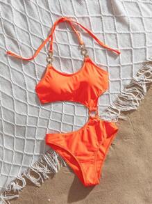 2025 New Solid Color Backless One-Piece Swimsuit With Circular Decorations, Sexy Monokini Bikini, For Summer Beach Vacation