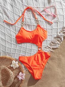 2025 New Solid Color Backless One-Piece Swimsuit With Circular Decorations, Sexy Monokini Bikini, For Summer Beach Vacation