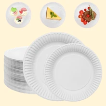 7/9 英寸一次性无涂层白色纸盘，圆形甜点/餐盘，散装，适用于家庭用餐、生日派对、婚礼、野餐、烧烤、节日派对装饰 - 白色 - 查看 2