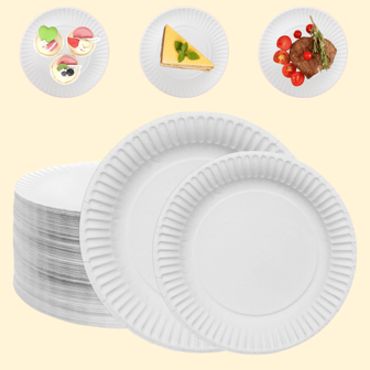 一次性白色无涂层纸盘，7/9 英寸甜点盘，圆形晚餐蛋糕纸盘，散装，适用于家庭聚餐、生日派对、婚礼、野餐、烧烤、节日派对装饰用品
