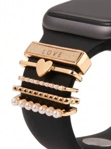 5 件金属饰物装饰环兼容 Apple Watch/三星表带钻石装饰智能手表硅胶表带配件手链配件（不含表带） - 玫瑰金 - 查看 2